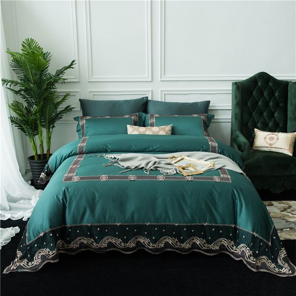 4 Black Lace Green Duvet Cover Set Luxury Egyptian Cotton Bedding