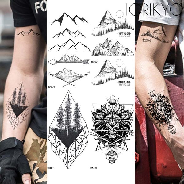 Acheter Arrow Dale Tatouage Temporaire Hommes Bras Géométrique Montagne Noir Tatouage Autocollants Femmes Corps Mains Tatouages Imperméables Pin
