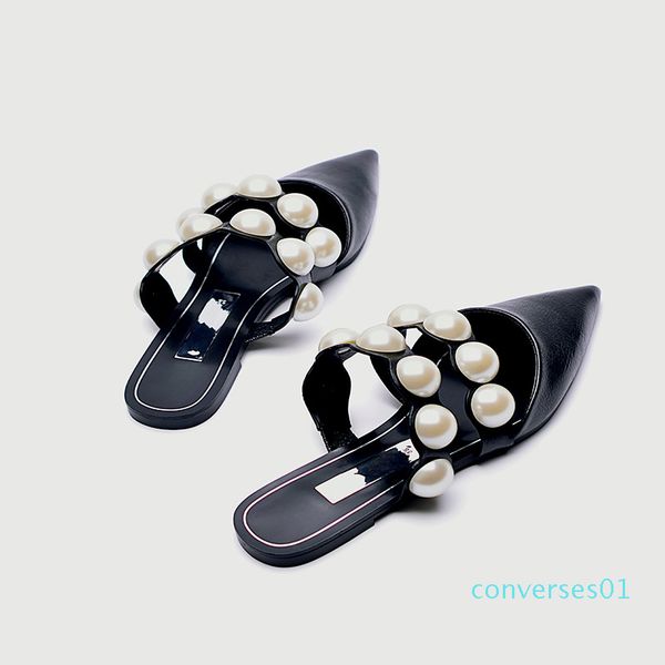 

monmoira pointed toe pearl women sandals summer women slippers slip on flat sandals sandalias mujer sandale femme co01, Black