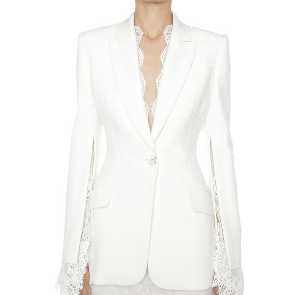 

2019 designer blazer women's slit sleeve lace embellished single button blazer jacket, White;black
