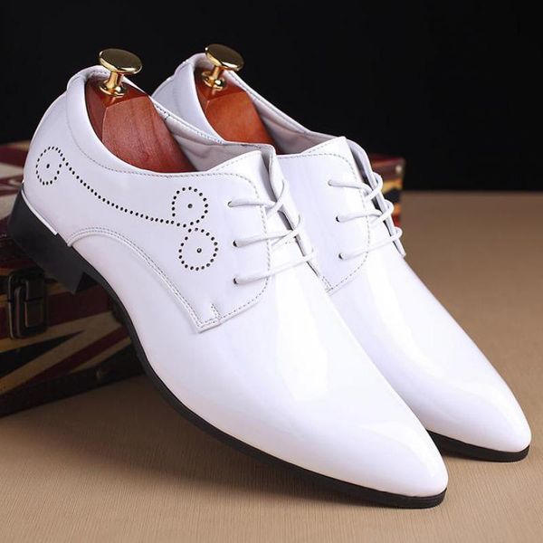 

37~48 plus size mens red bottom patent leather dress shoes white men pointed toe formal wedding shoes italian lace up derby shoe, Black
