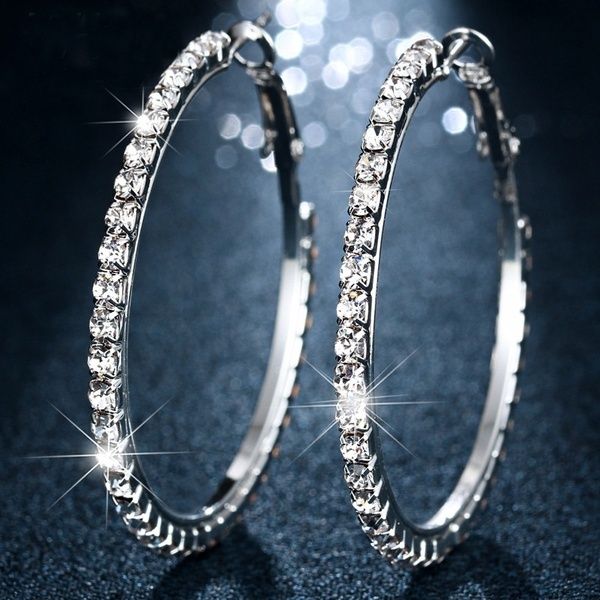 

fashion 2/3/4/5/6/7/8/9/10cm round hoop earrings women mom silver diamond zircon wedding hiphop jwellery, Golden;silver