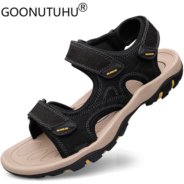 

fashion men's sandals casual genuine leather shoes male summer beach sandal man breathable flats sandals for men big size 38-47, Black