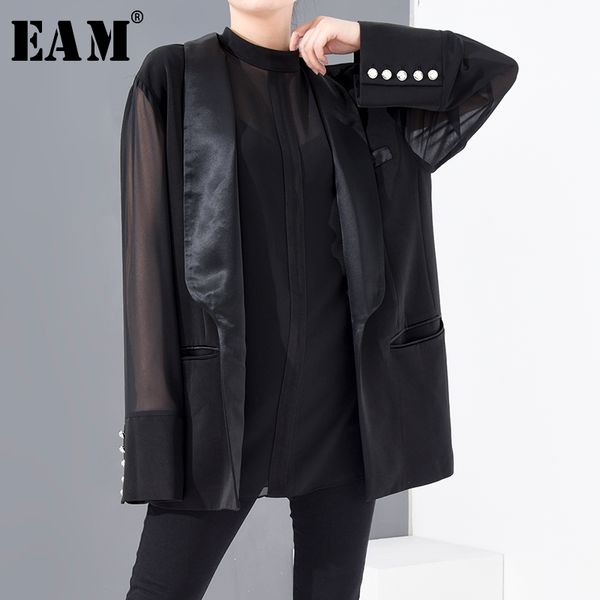 

eam] women black mesh split joint big size blazer new stand collar long sleeve loose jacket fashion tide spring autumn 2020, White;black