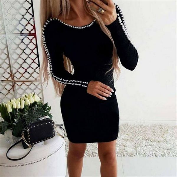 

fashion women 2020 winter pearl beaded knitted warm knitted bodycon pencil party short mini sweater dress clubwear plus size, Black;gray