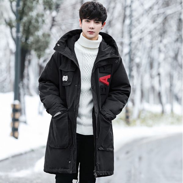 

men's clothing winter new down jacket fashion casual loose hooded thick warm white duck down long coat male, Black