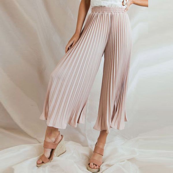 

wide leg pants summer women solid pleated elastic wide leg pants high waist casual loose culottes trousers, Black;white