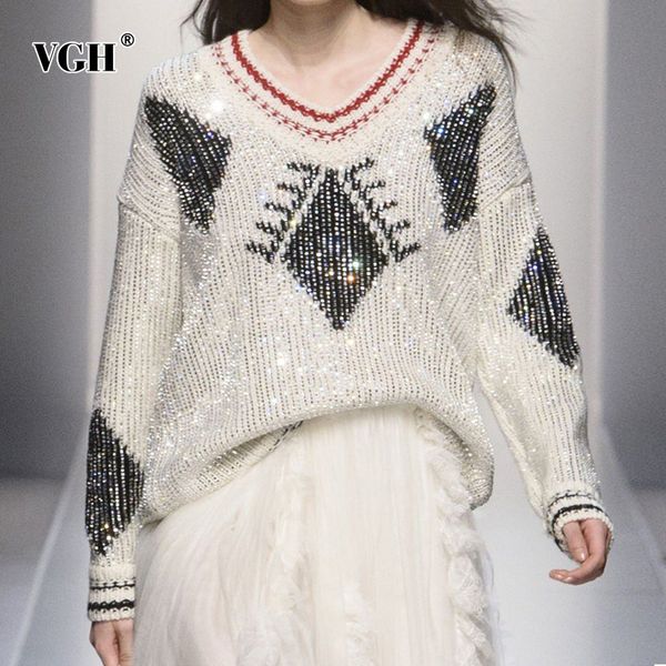 

vgh korean diamond knitting jumper sweater women geometric hit color loose sweaters female fashion new clothes 2019 autumn, White;black