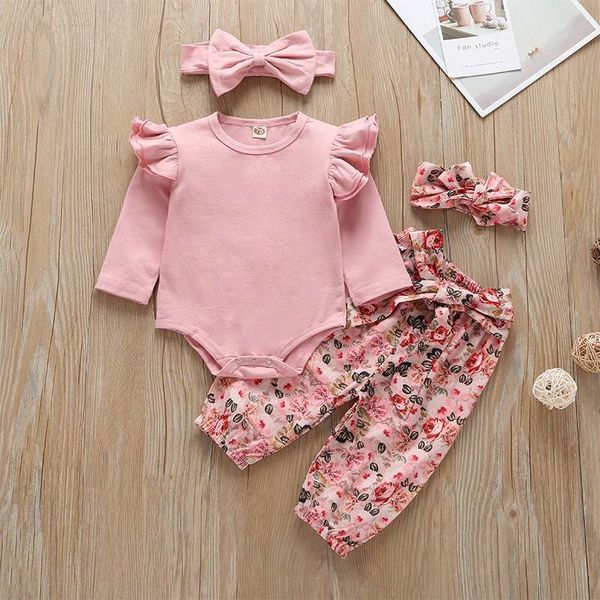 

wholesale newborn girl 4pcs clothing sets 2020 sping autumn floral pants+romper+headband outfits babies clothes e20478, White