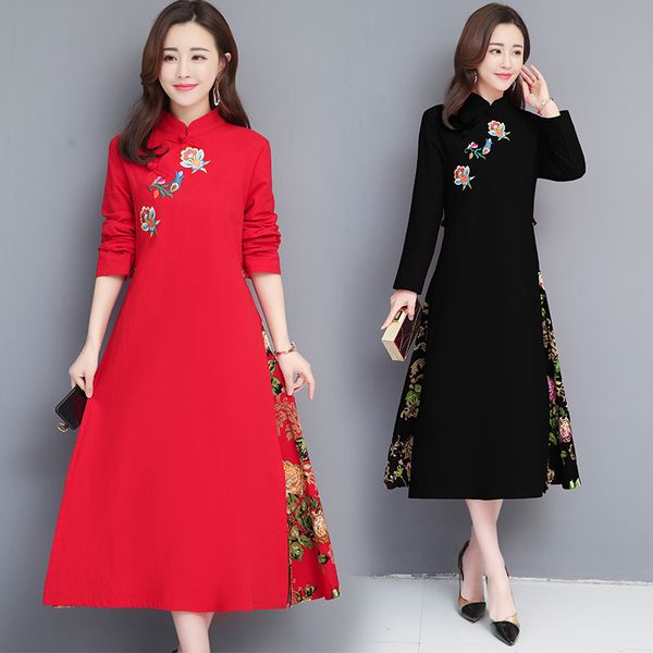 

2019 women embroidery flower cotton and linen cheongsam dress chinese bride wedding dress half sleeve evening qipao party gowns, Red