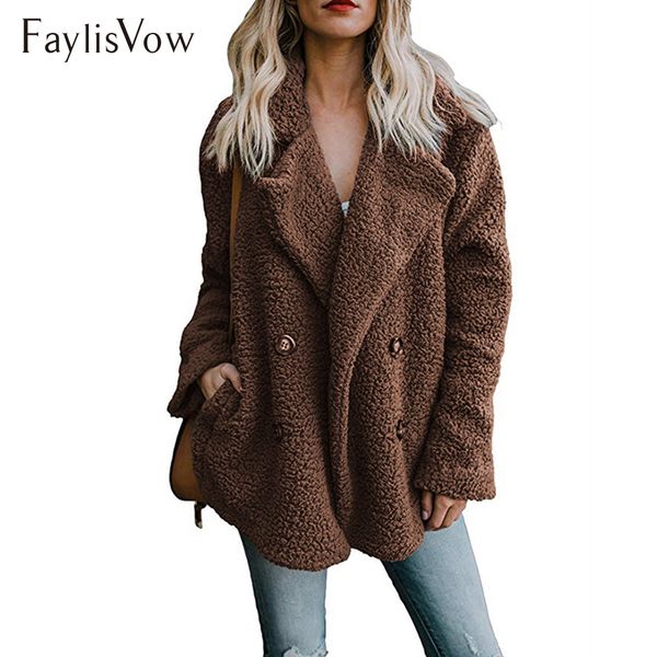 

s-3xl women turn-down collar faux shearling jacket coat warm thick long sleeve pockets overcoat plus size teddy bear jackets, Black;brown