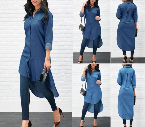

designer style women's denim shirt with lapel and long sleeve buttons ladies' casual solid loose pockets asymmetrical long blouse, White