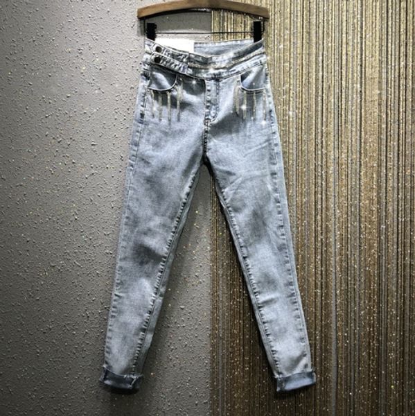 

high waist jeans pants women 2020 spring new rhinestone beaded stretchable denim pants lady's jeans leisuer jean trousers femme, Blue
