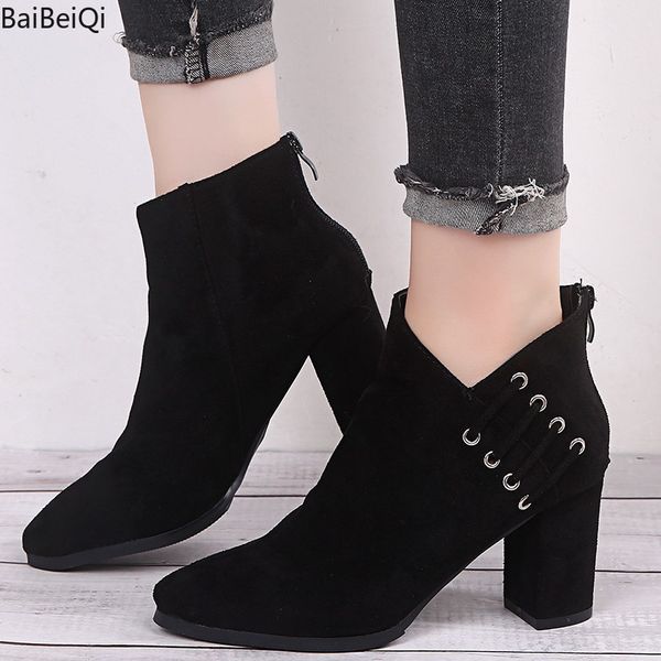

ankle winter women shoes boots comfortable boots ipper high heels women shoes pumps dress booties mujer, Black