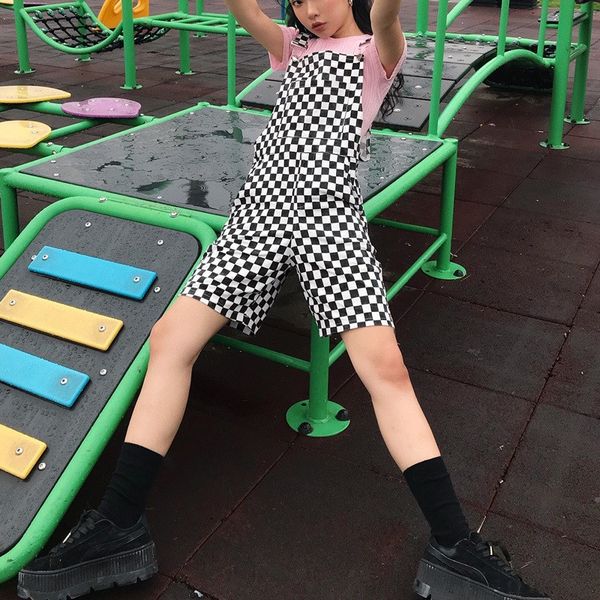 

fashion women 2019 new strap backless summer plaid rompers checkerboard high waist shorts jumpsuit loose casual romper, Black;white
