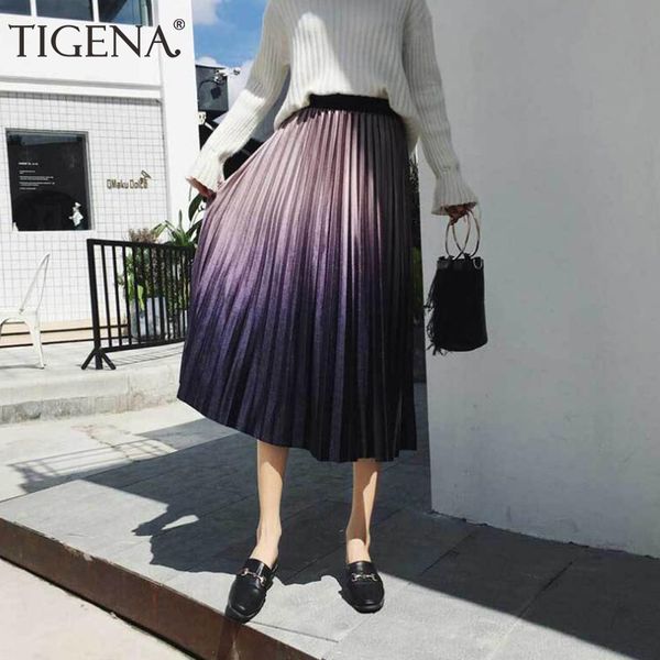 

tigena gradient velvet midi long skirt women fashion 2019 autumn winter vintage elegant elastic high waist pleated skirt female, Black