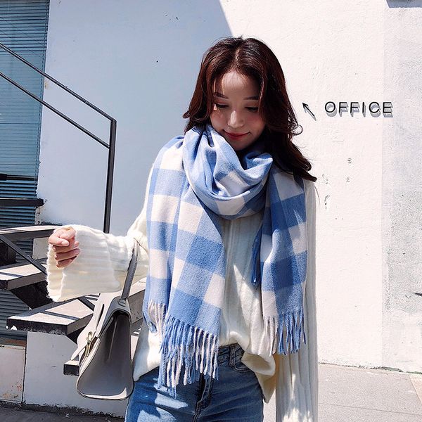 

200*70cm autumn and winter female wool plaid scarf women cashmere scarves wide lattice long shawl wrap warm hijabs, Blue;gray