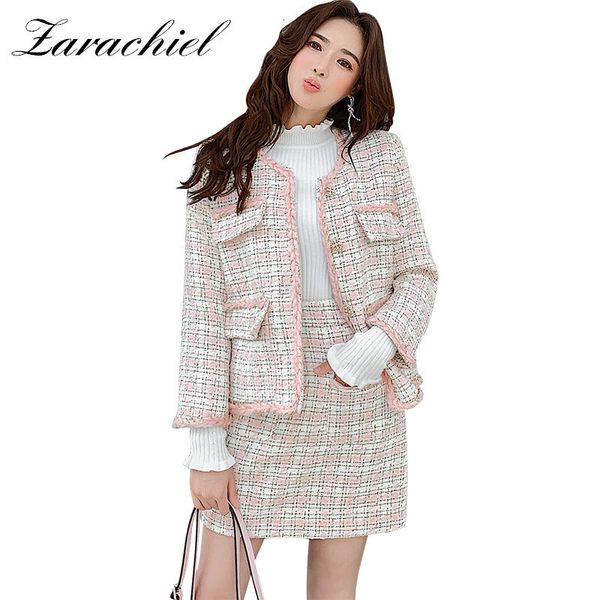 

elegant pink plaid weave tweed jacket coat + package hip pocket mini skirt two-piece suit 2019 autumn winter women's sets, White