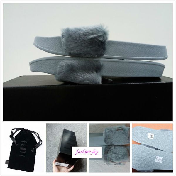 

rihanna fur leadcat fenty slides slippers women men house winter slipper home shoes woman warm slippers pantuflas bag, Black