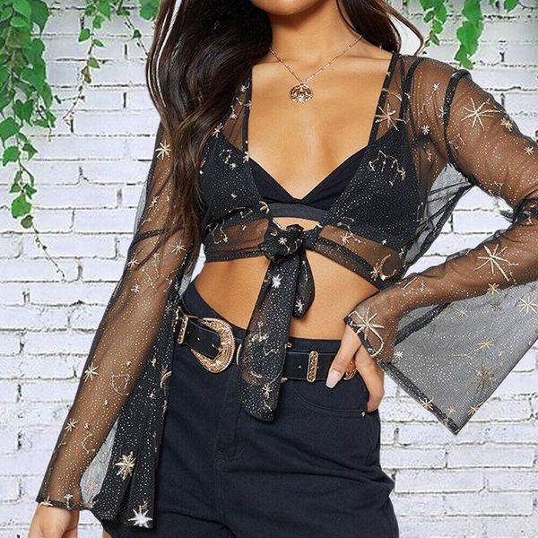 

2019 women hollow mesh sheer blouse new ladies summer see through fish net long sleeve transparent blouses clubwear, White