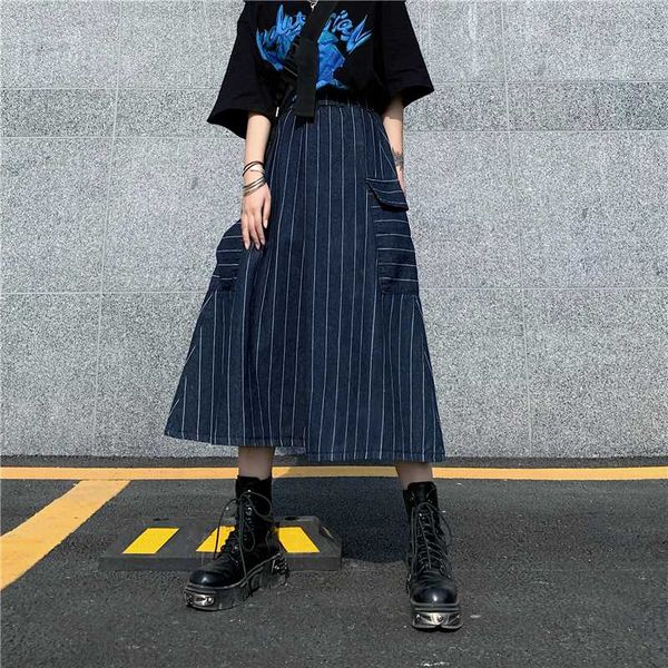 

лето denim полосатый юбки женщины harajuku высокой талией винтажная midi юбки женские streetwear chic cargo юбка джуп фам, Black