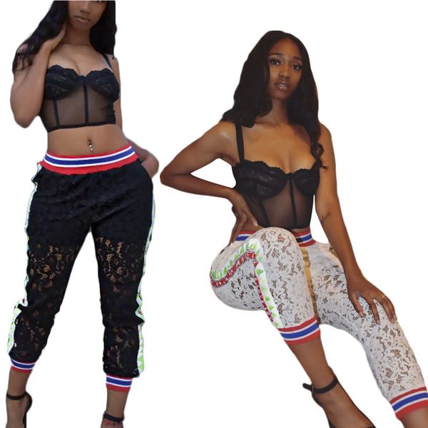 

Womens Designer Lace Panelled Capris Summer Sexy Female Striped Pants Womens Fashion Regular Pencil Pants