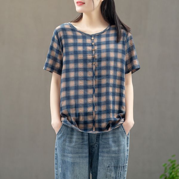 

plaid female 2019 fat mm loose large and t-shirt cotton linen size slim versatile cotton and linen short sleeve t-shirt, White