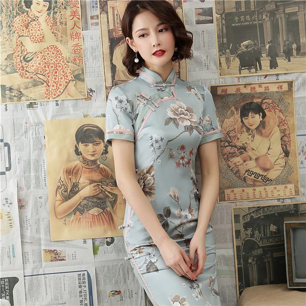 

2019 satin women's half sleeve qipao dress chinese style mandarin collar formal embroidery satin dress silk chinese, Red