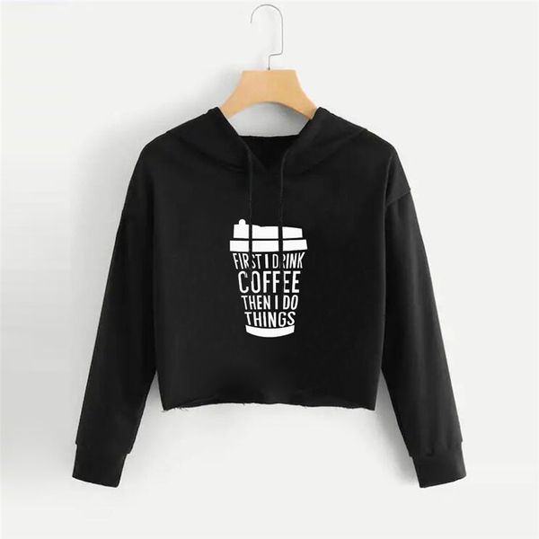 

long-sleeved winter short coat coffee printed women long sleeve printed hoodie sweatshirt jumper 2019 autumn crop top, Black