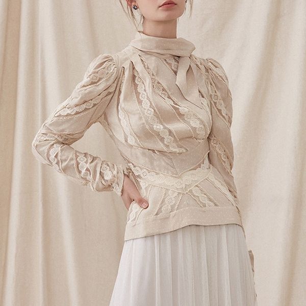 

to gladself patchwork lace shirt blouse female bow collar puff long sleeve blouses vintage clothes 2018 autumn england, White