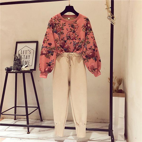 

2017 зима женская подиум наборы ladies фонарь с длинным рукавом из бисера фуфайки + deerskin харлан повседневные брюки set студентки, White;black