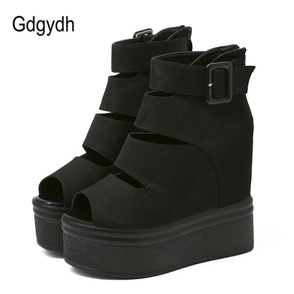 

gdgydh flock platform women boots summer fashion autumn ankle boots for women rome shoes wedges thick heels peep toe back zipper, Black