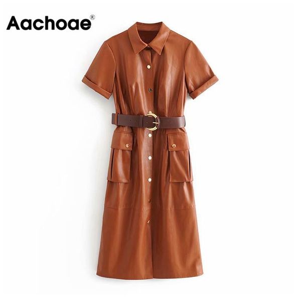 

women streetwear solid pu leather dress pleated short sleeve sashes lady knee length dresses turn down collar pockets vestido, Black;gray