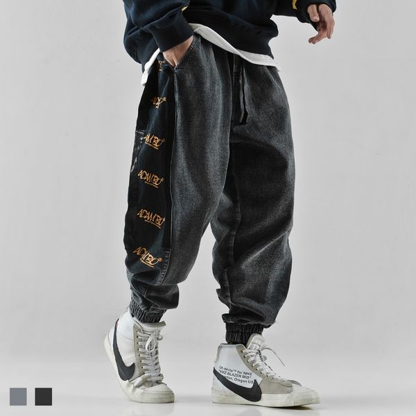 

hip hop jeans letter printing trousers loose ankle banded pants western style casual fashion men's pants high street youth, Blue