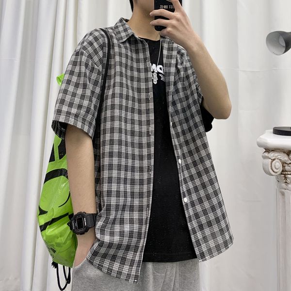 

2020 simple hong kong style loose plaid short-sleeved shirt male korean casual casual youth lapel men's shirt, White;black