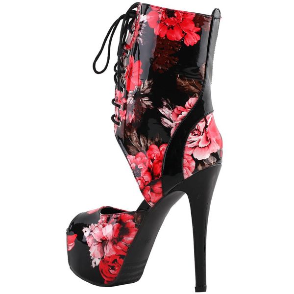 

lf80888 retro black red floral print lace-up platform high heel club ankle bootie sandals
