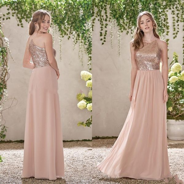 Rosa ouro verão lantejoulas vestidos de dama de honra lantejoulas longa chiffon chão comprimento corar rosa dona de casa de honra vestidos de convidado de casamento formal