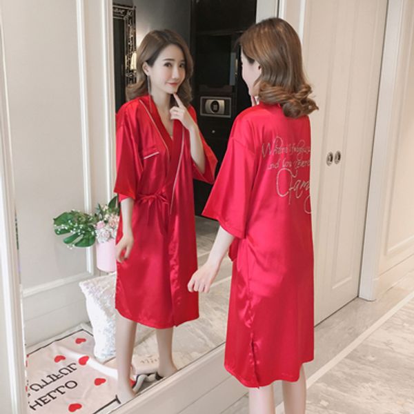 

bridesmaid bathrobe nightgown female spring summer summer nightdress female kimono loose pajamas ice silk half sleeve lace, Black;red