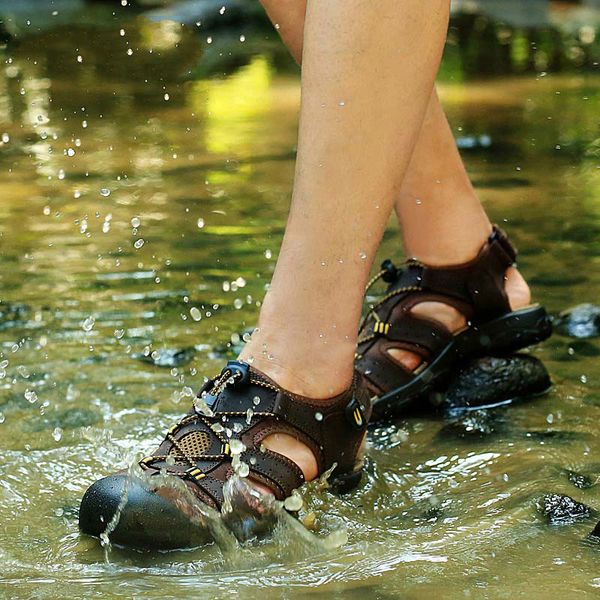 

plus size 38-47 mens water diving wading upstream shoes summer outdoor beach shoes genuine leather soft sole toe protect sandals, Black