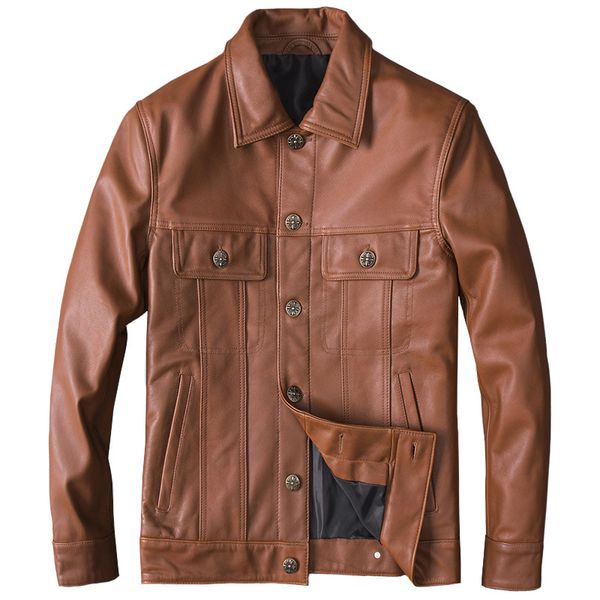 

spring men solid color genuine leather coats motorcycle jacket real head layer cowhide 4xl new clothing male bomber jacket, Black
