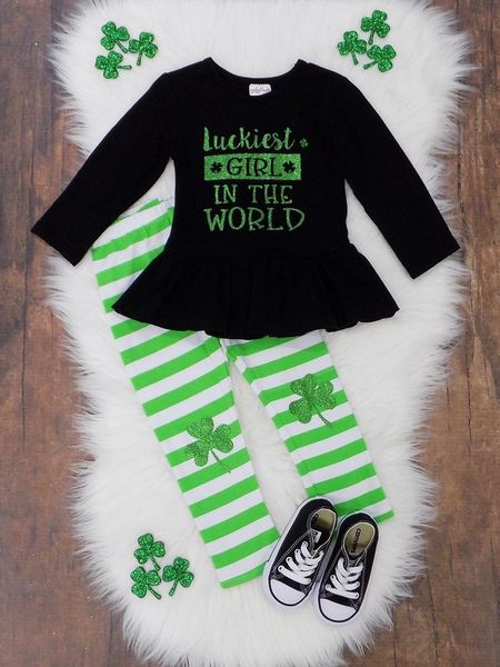 

2020 infant kids girls clothes sets lucky girls long sleeve ruffles t- shirts +striped pants outfits 6m-5y, White