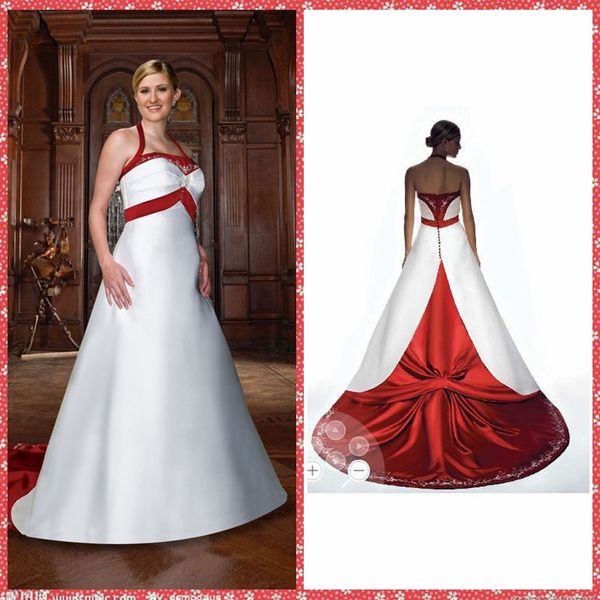 

холтер атласная a-line свадебные платья 2020 ретро вышивки с драпированные свадебные платья плюс размер сшитое, White