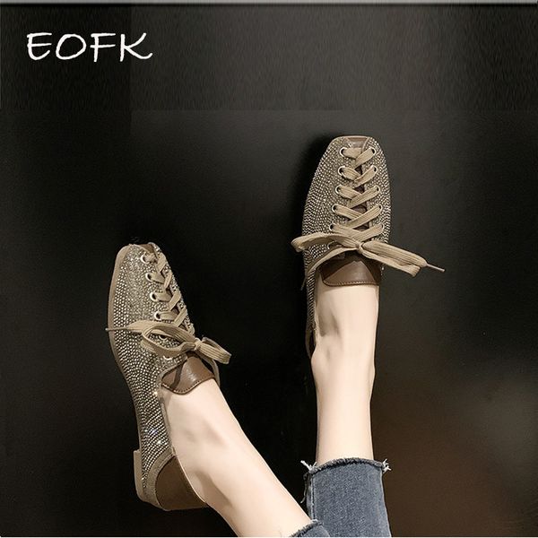 

eofk women boat shoes new 2020 summer ballet shoes woman flats round toe bling crystal breathable women's loafer, Black