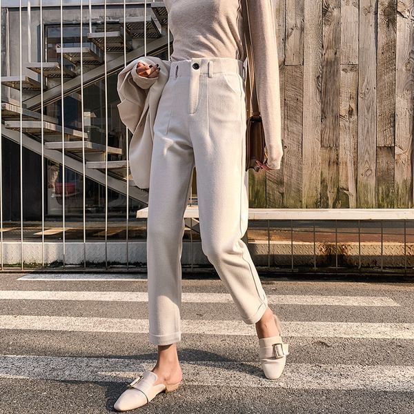 

осень зима плед шерсть шаровары женские 2019 щиколотки высокая талия брюки шаровары женщины плюс брюки женщины, Black;white