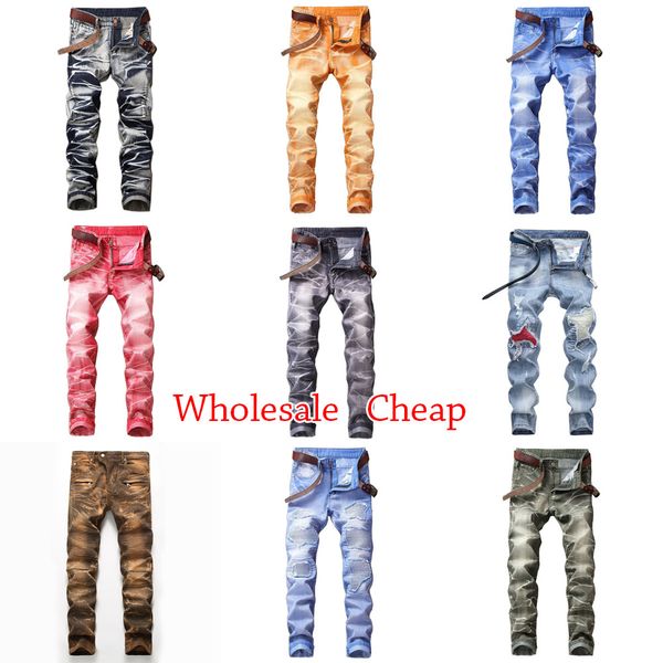 

true wholesale corerall hole more color retro capris skinny men casual jeans flare elactic slim bobin gradient biker male denim pants jogger, Blue