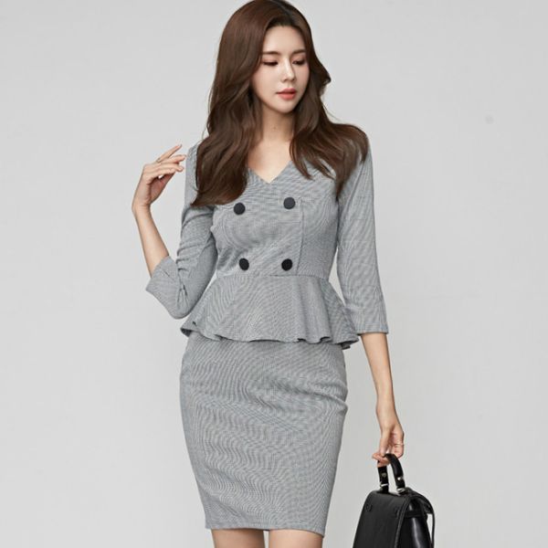 

осень v-образным вырезом двубортный ткань высокая талия баски женский плед мини bodycon офисное женское рабочее платье, Black;gray