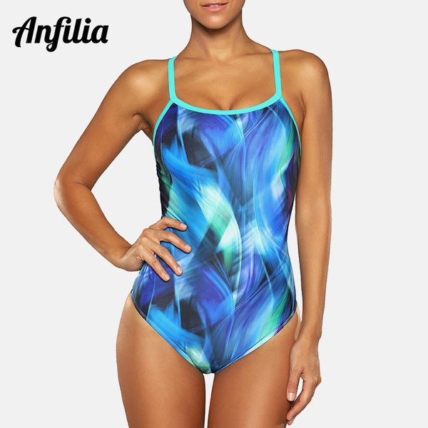 

anfilia one piece women sports swimwear gradient color sports swimsuit watercolor print monokini bikini beach slim bathing suit, White;black
