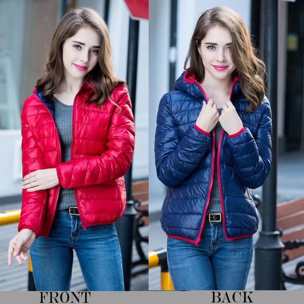 

womens fall hooded jackets ultra-thin light double-sided wear 2019 autumn winter female slim short coats warm duck down filler, Black;brown