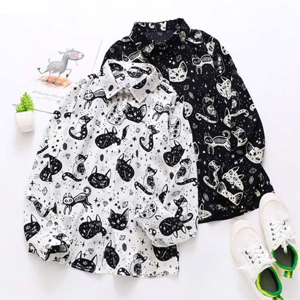 

women satin cat printed chiffon shirt long sleeve plus size white black blouses 2020 new summer female casual