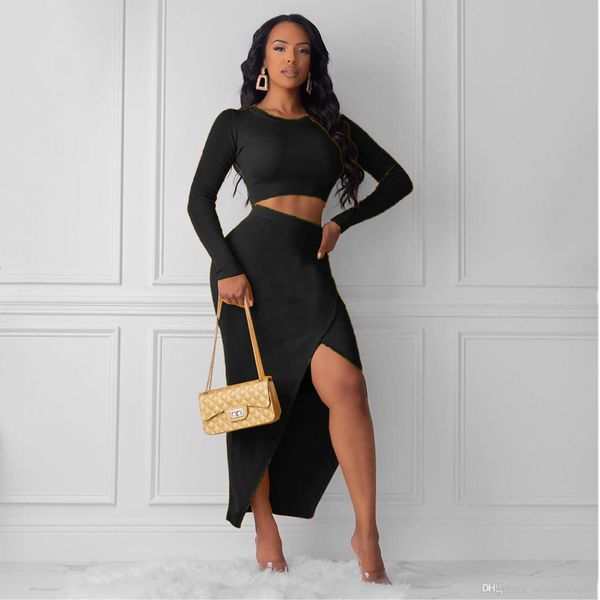 

womens autumn designer 2pcs dresses solid color long sleeve split style female clothing ol casual apparel, White